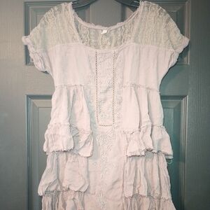Free People Tiered Ruffle Mini Dress Tunic Grey Sunbeam Embroidered Lace Blouse